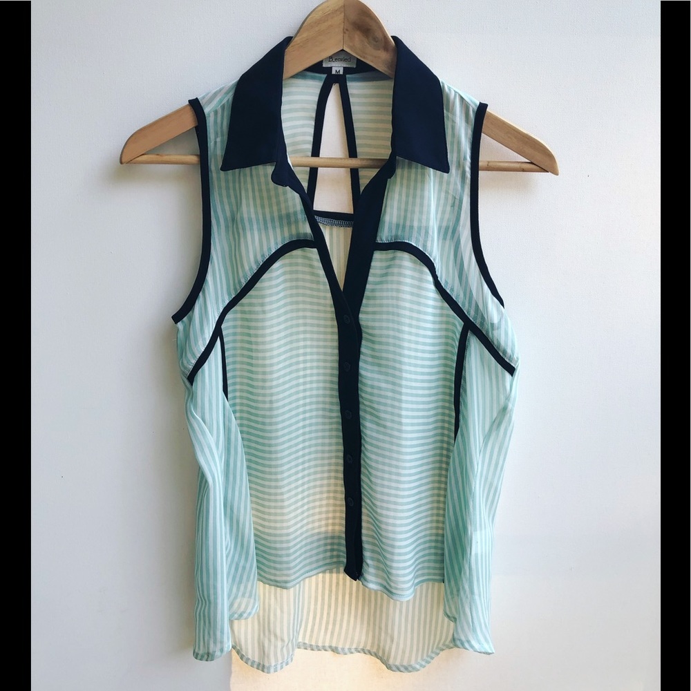 B_ENVIED GREEN WHITE STRIP SLEEVELESS BUTTON DOWN